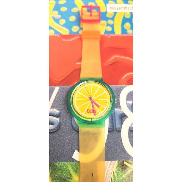 Vintage Coca-Cola Watch Lemon Dial Green See-through case made by Swatch NEW - Picture 6 of 11
